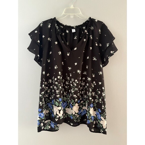 Old Navy Top XXL Black Floral Flutter Sleeve Lightweight Whimsigoth Fairy - Picture 1 of 16